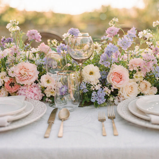 Close-up of pastel floral runner with airy garden flowers in blush and soft blue tones.