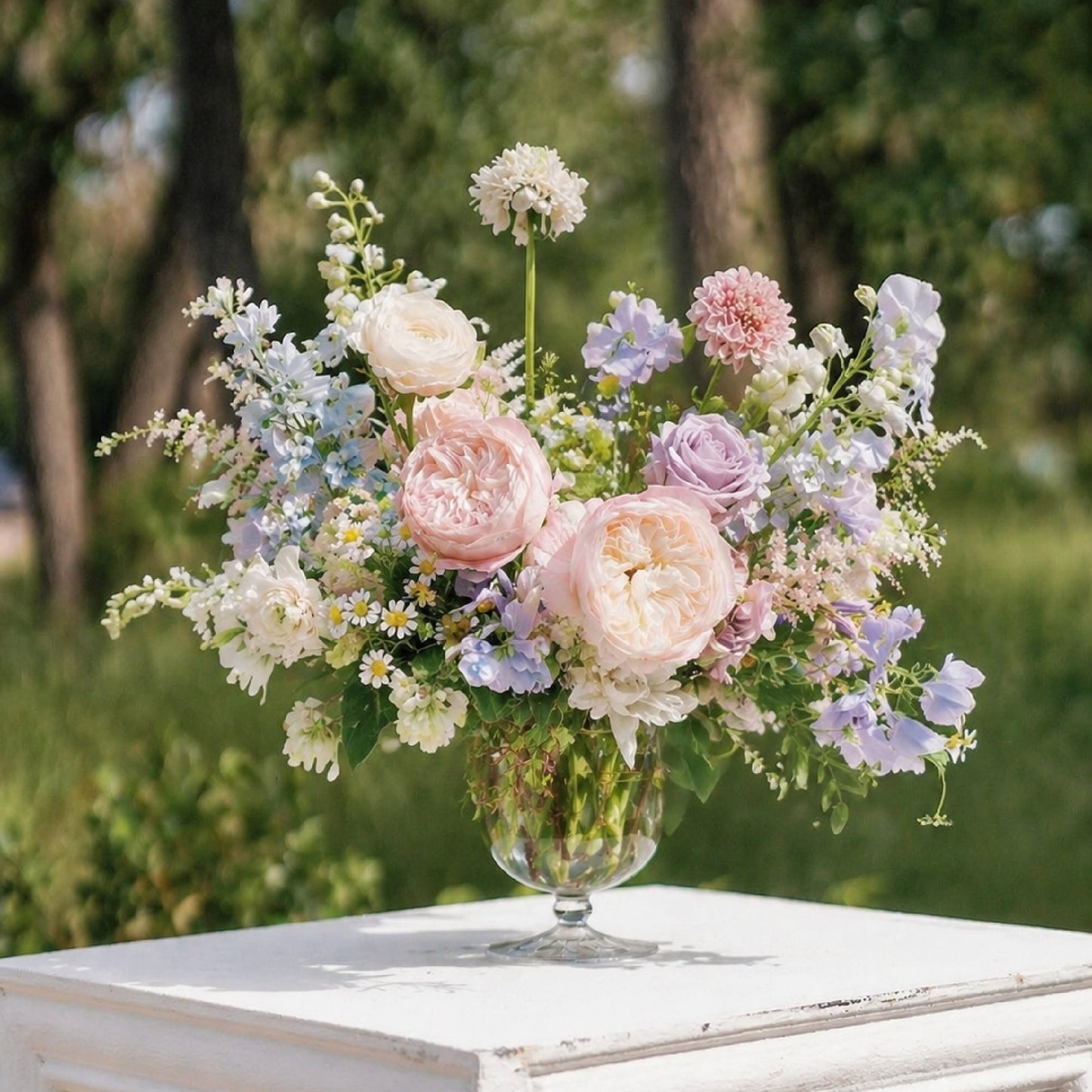 Pastel glass compote wedding centerpiece with blush, lavender, soft blue, cream, and white garden flowers.
