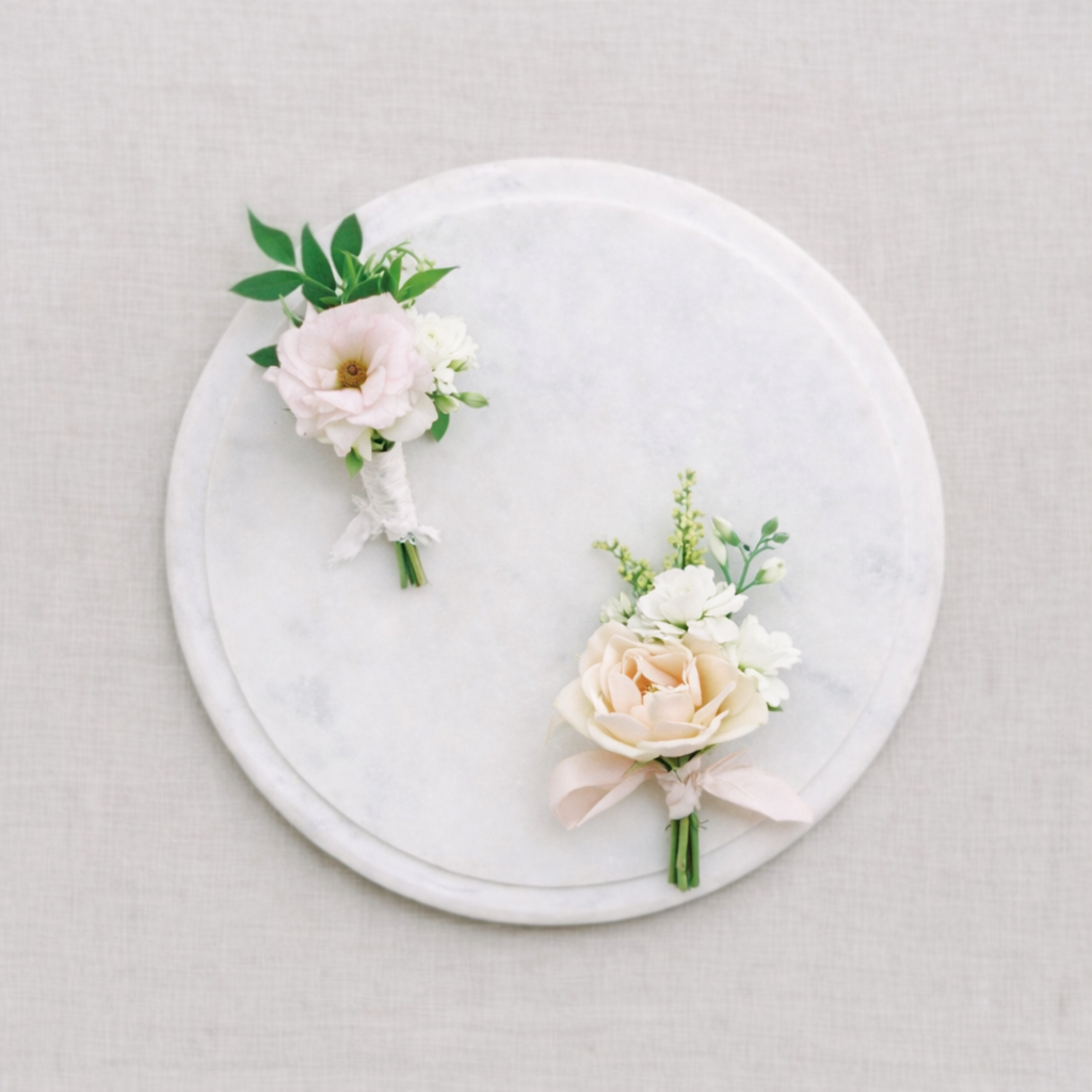 Rosewater boutonnières with soft blush and ivory blooms styled on marble tray.