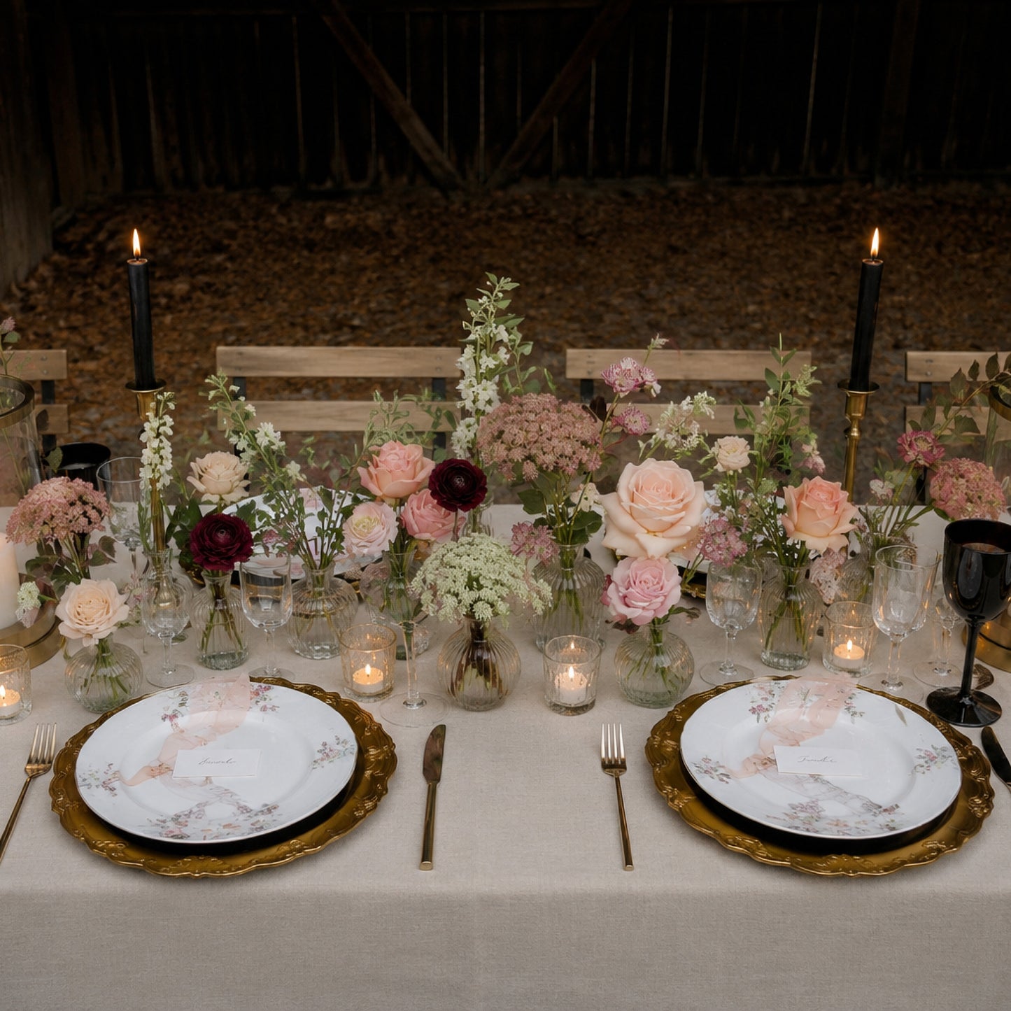 Moody burgundy and blush bud vase wedding centerpieces with romantic autumn florals