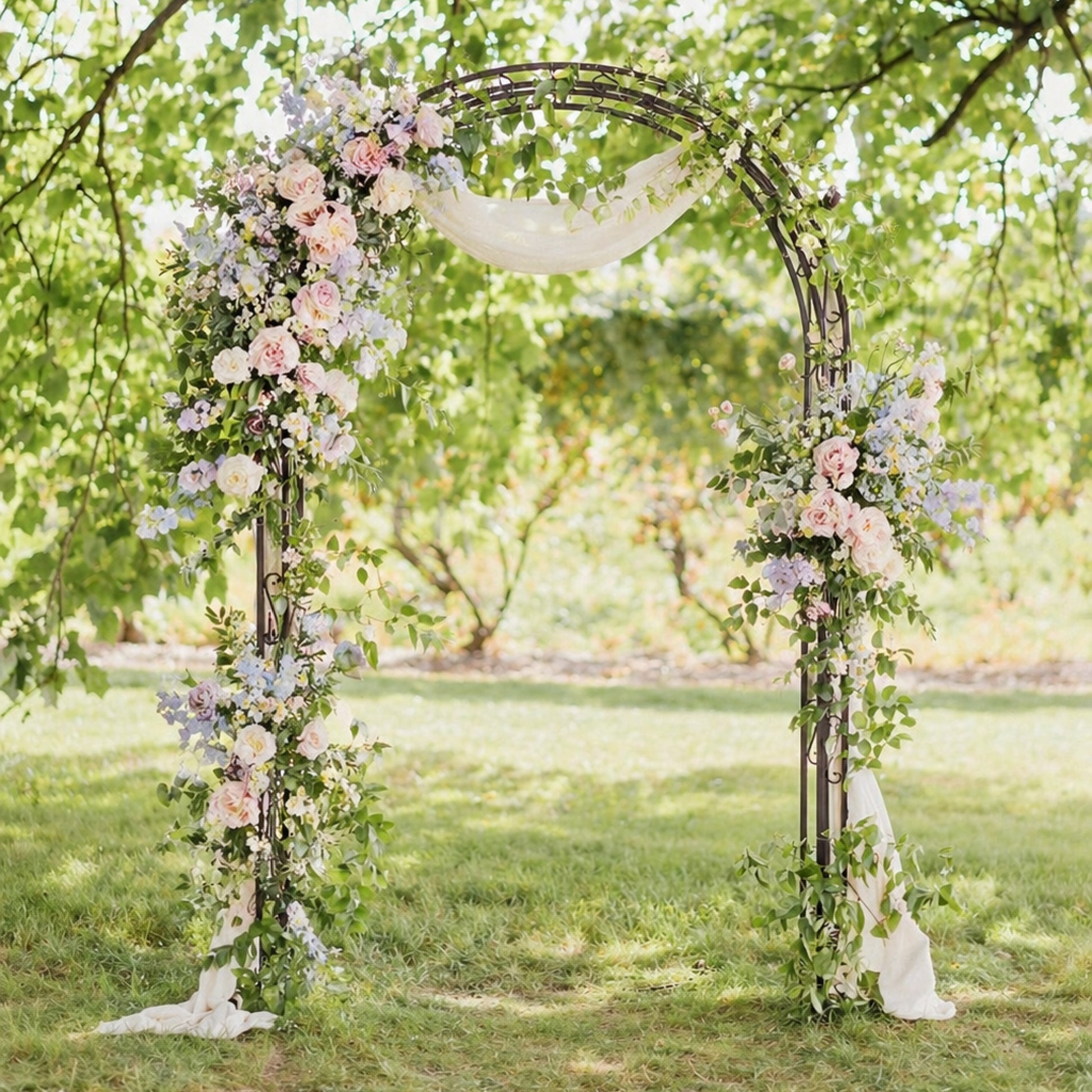 Pastel floral swags decorating romantic outdoor wedding arbour with blush and lavender and blue flowers