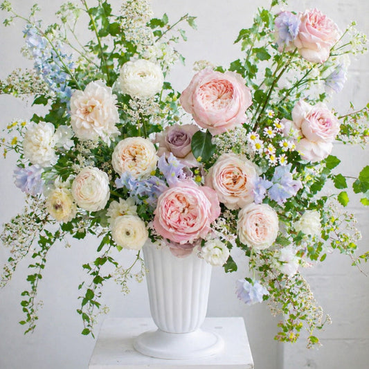 Close-up of pastel ceremony urn arrangement with blush, lavender, blue, and ivory garden flowers.