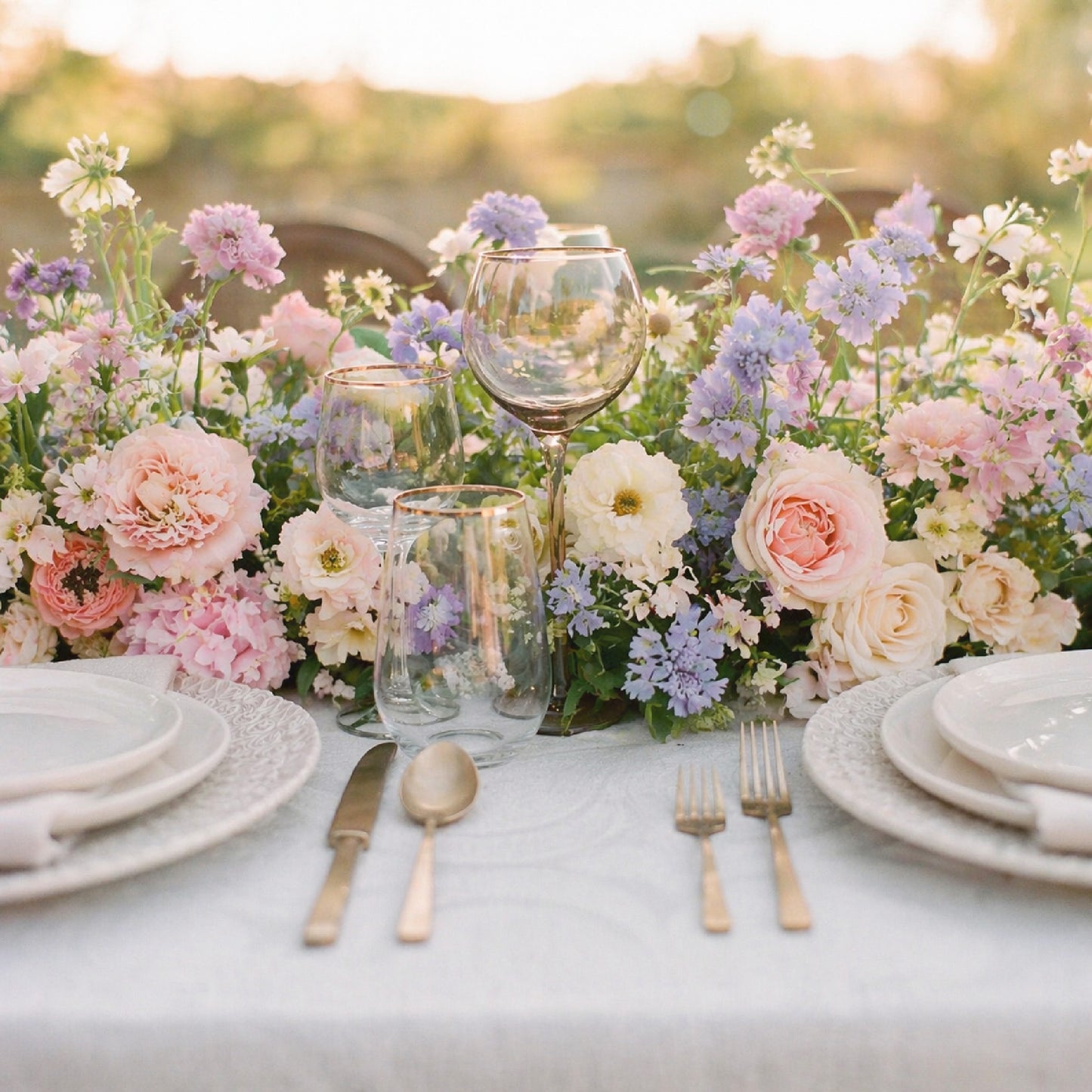 Close-up of pastel floral runner with airy garden flowers in blush and soft blue tones.