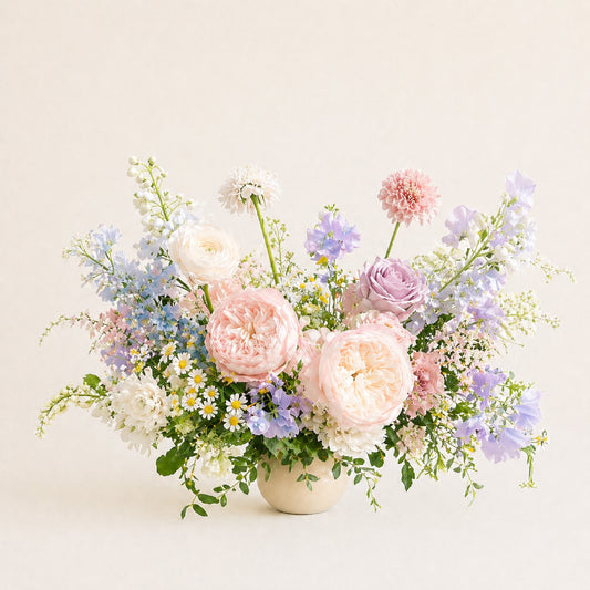 Pastel still-life wedding centerpiece with blush, lavender, blue, and ivory garden flowers in a small ceramic bowl