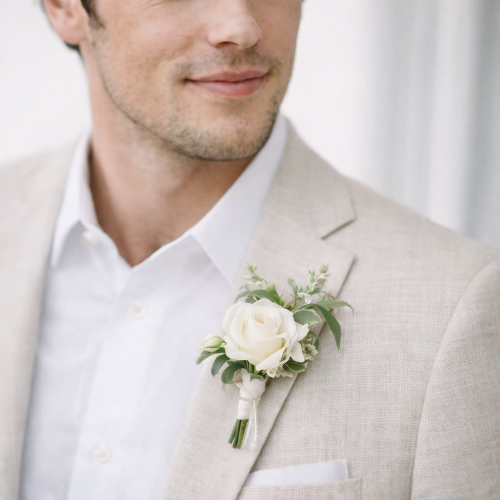 Porcelain boutonnière featuring creamy white Majolica spray roses with soft greenery styled on a light linen suit.