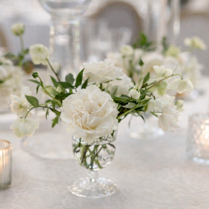 Porcelain Glass Compote Accent styled alongside candlelight and layered reception florals in soft white and neutral palette.
