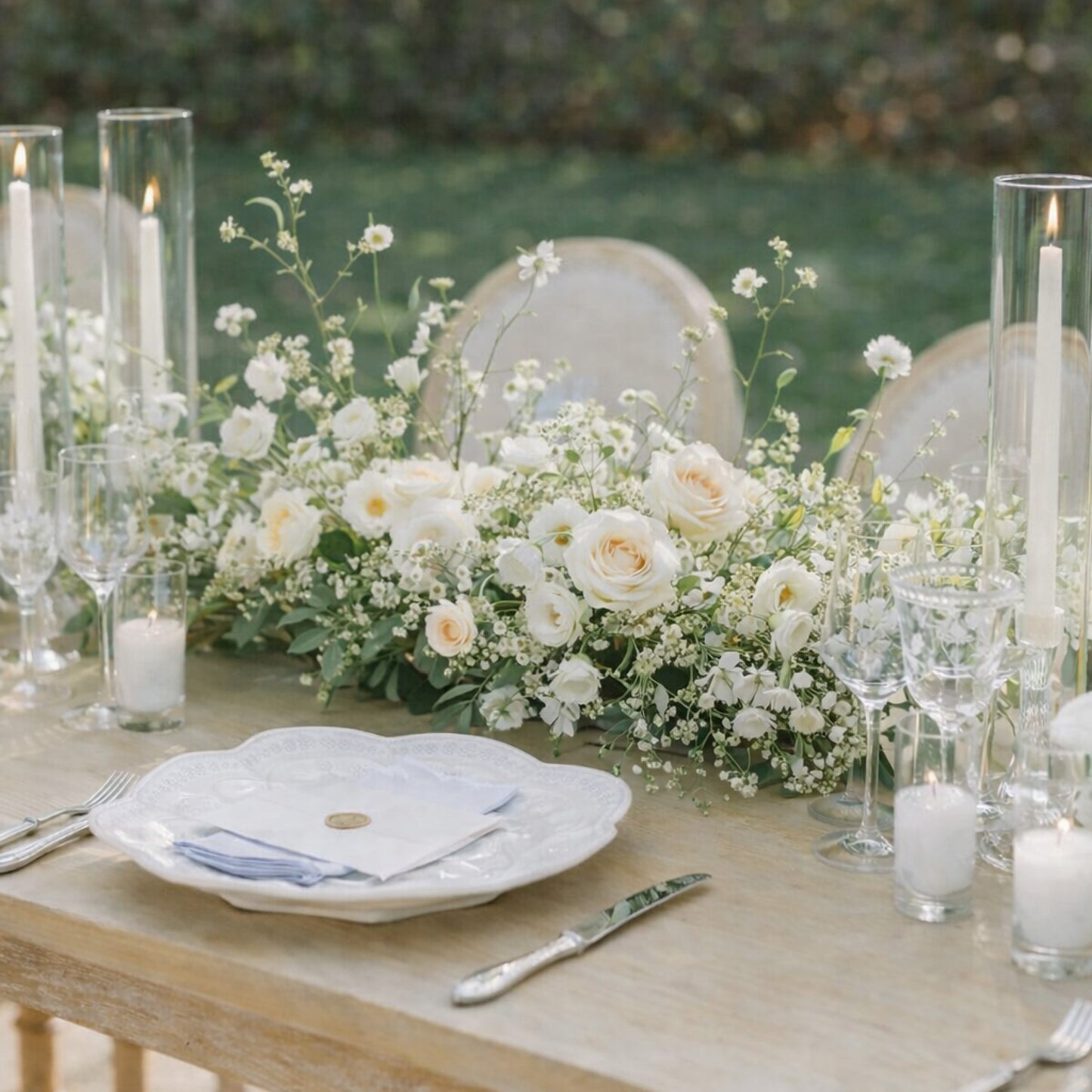 Porcelain Growing Garden floral Runner sideview, extending along banquet table with romantic white florals, candlelight, and garden-inspired movement.