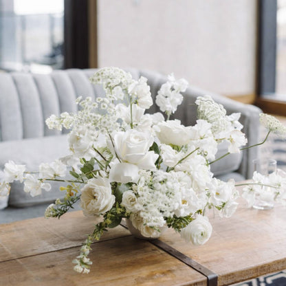 Porcelain small Still Life Vessel Accent detail featuring airy white seasonal florals and organic garden-inspired movement in ceramic vessel.