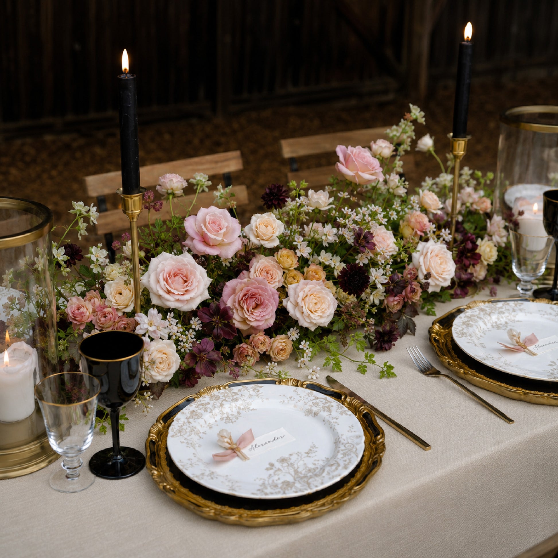 Sideview moody wedding floral runner centerpiece with burgundy, mauve, blush, and autumn garden flowers