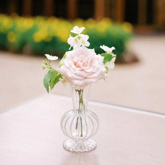 Romantic bud vase with blush garden rose and airy neutral florals.