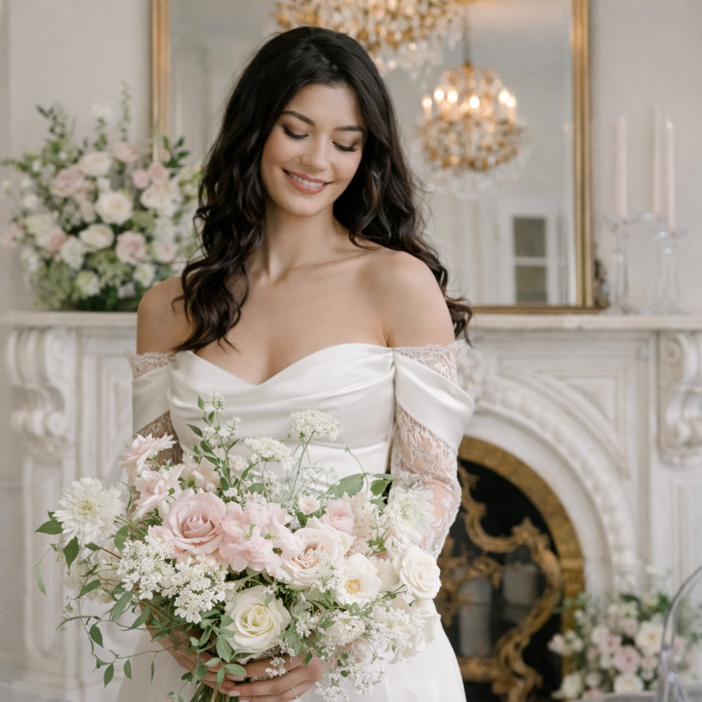 Rosewater bridal bouquet with blush garden roses, ivory seasonal blooms, and airy greenery held by bride in off-shoulder gown.