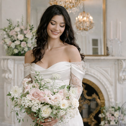 Rosewater bridal bouquet with blush garden roses, ivory seasonal blooms, and airy greenery held by bride in off-shoulder gown.