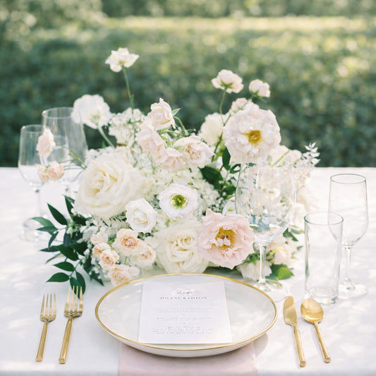 Rosewater meadow composition centerpiece with blush and ivory garden blooms styled on an elegant outdoor reception table.