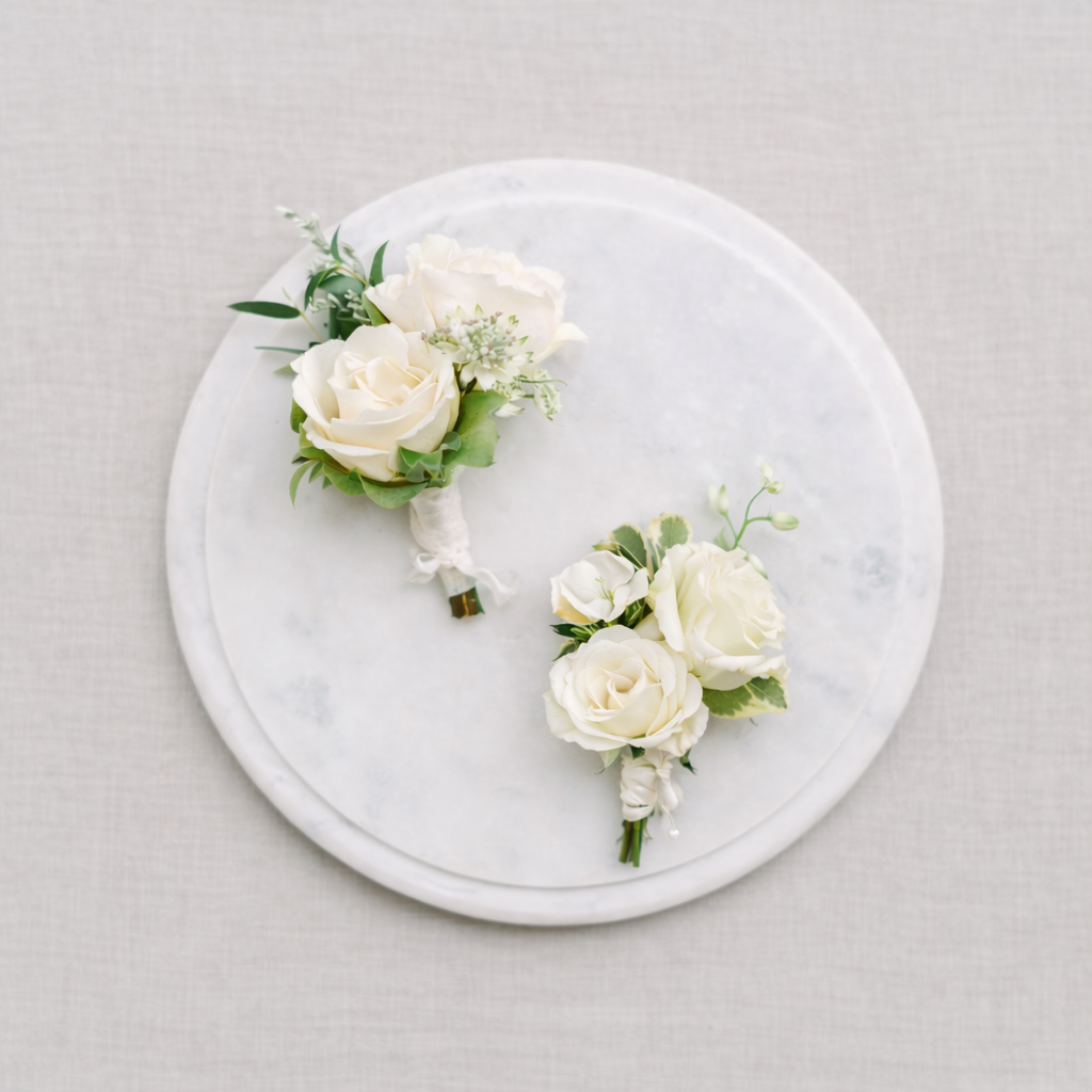 Porcelain boutonnière flat lay featuring white spray roses and delicate greenery arranged on a marble tray.