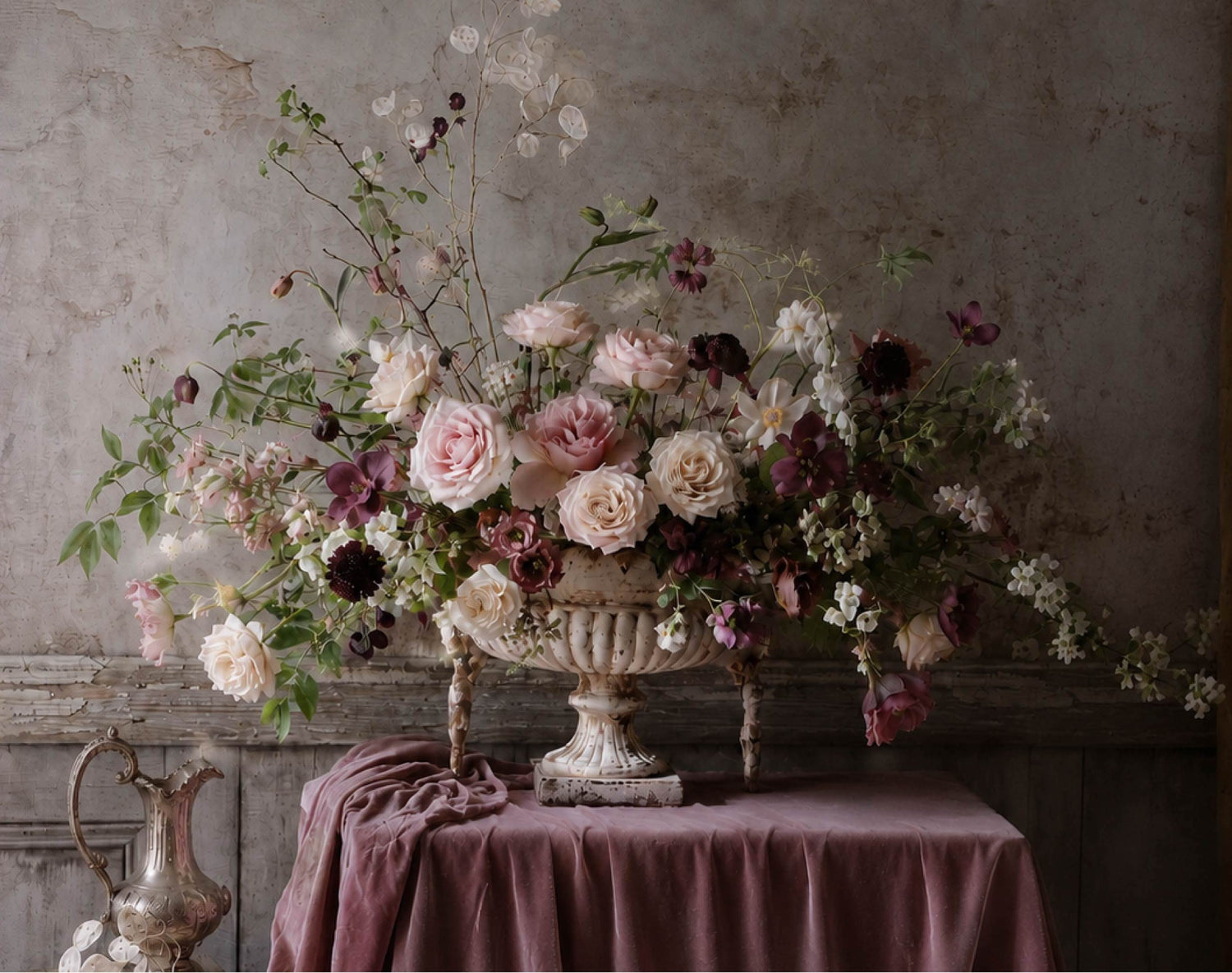 Moody floral still life in a white vessel with blush, cream, and burgundy garden flowers on mauve velvet draping.