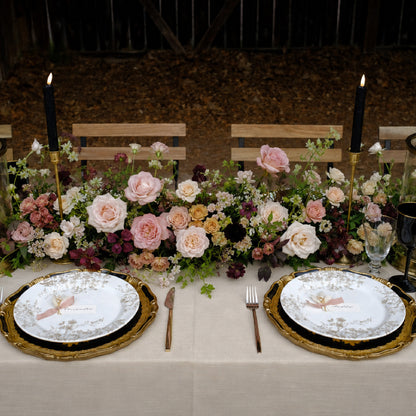 Moody wedding floral runner centerpiece with burgundy, mauve, blush, and autumn garden flowers